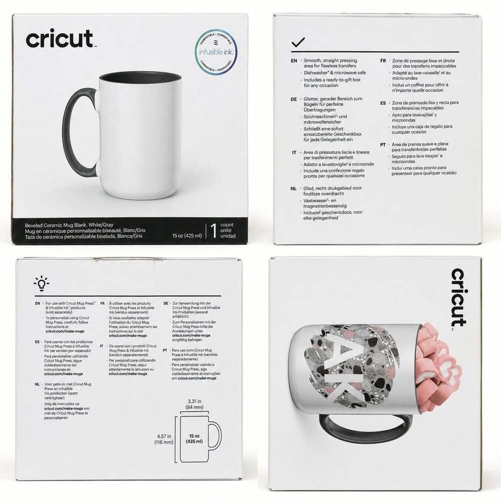 Cricut Beveled Ceramic Mug Blank, White/Gray, 15 oz